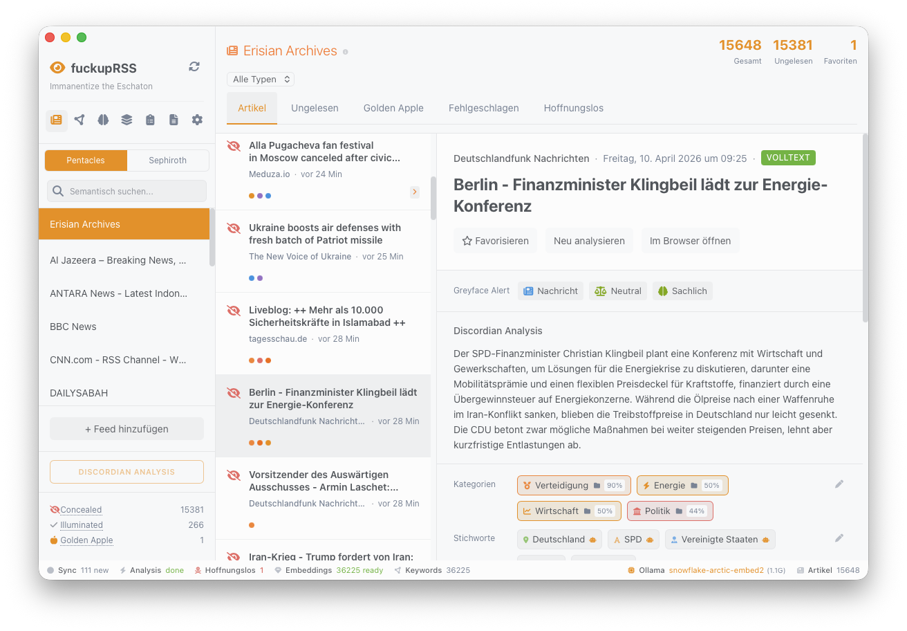 fuckupRSS — Artikel-Detailansicht mit Discordian Analysis, Bias-Erkennung und Kategorien