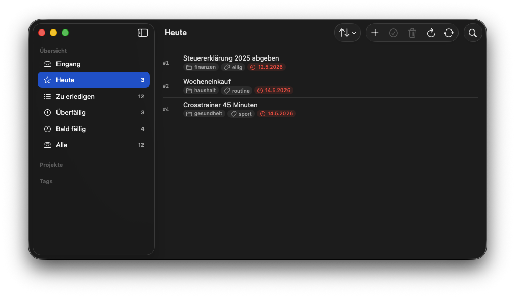 Hauptfenster mit Sidebar-Perspektiven, Task-Liste und Toolbar Vergissmeinnicht — Heute-Perspektive mit Sidebar, Tasks und Toolbar im Dark-Mode