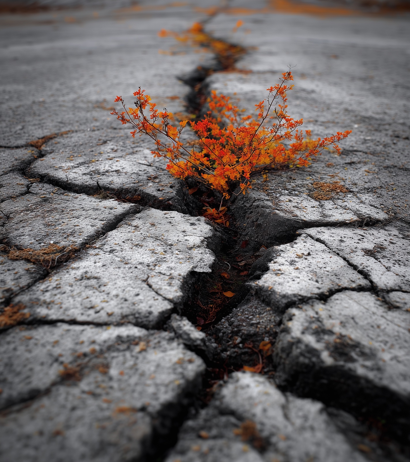 Beispiel 16:18 — Natur durchbricht Asphalt Aufgebrochener Asphalt mit orangefarbener Vegetation, die durch die Risse wächst